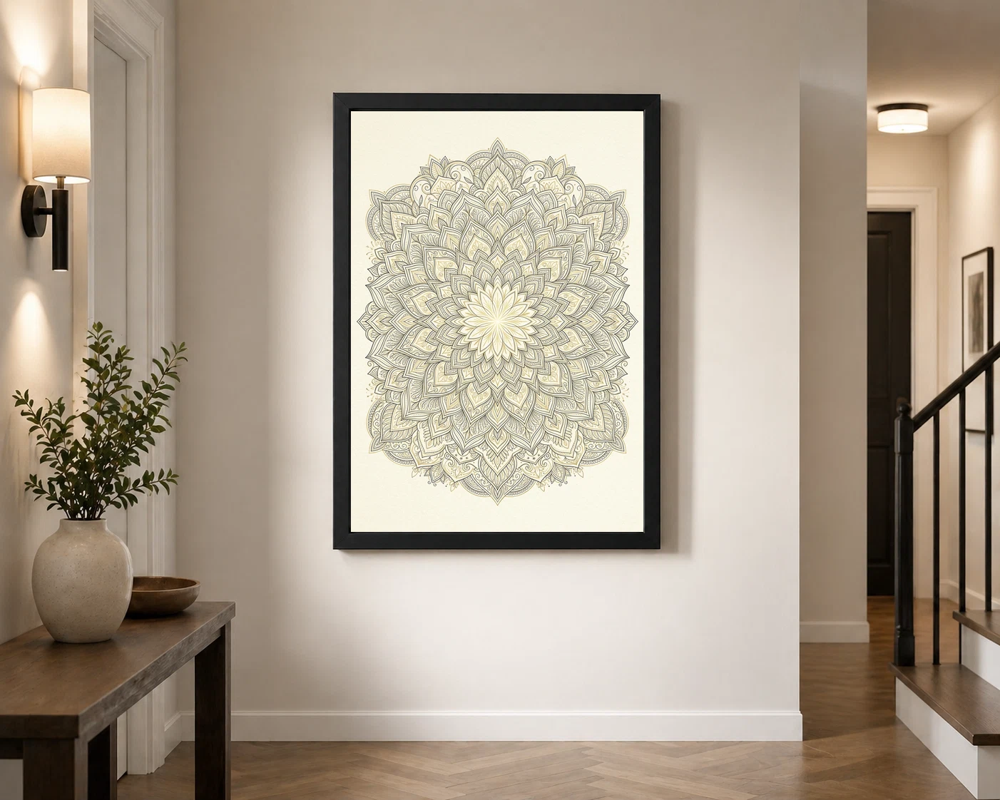 Line Art Geometric Floral Mandala Intricate Black Gold Cream Art Photo Frame, view 3