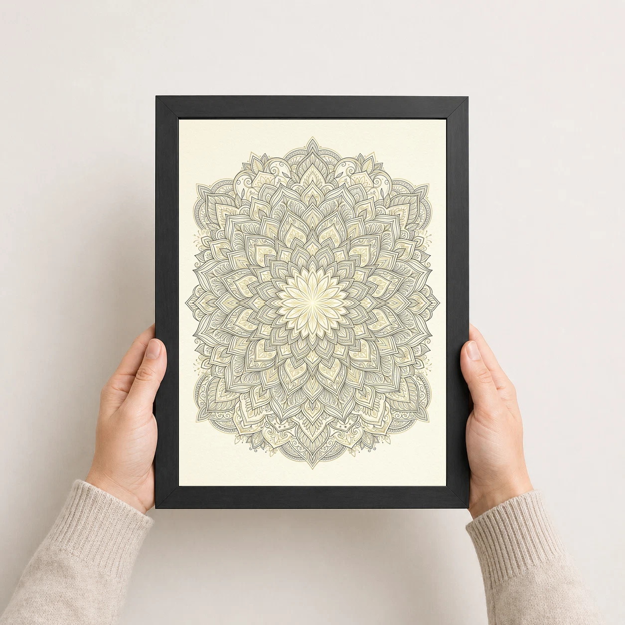 Line Art Geometric Floral Mandala Intricate Black Gold Cream Art Photo Frame, view 4