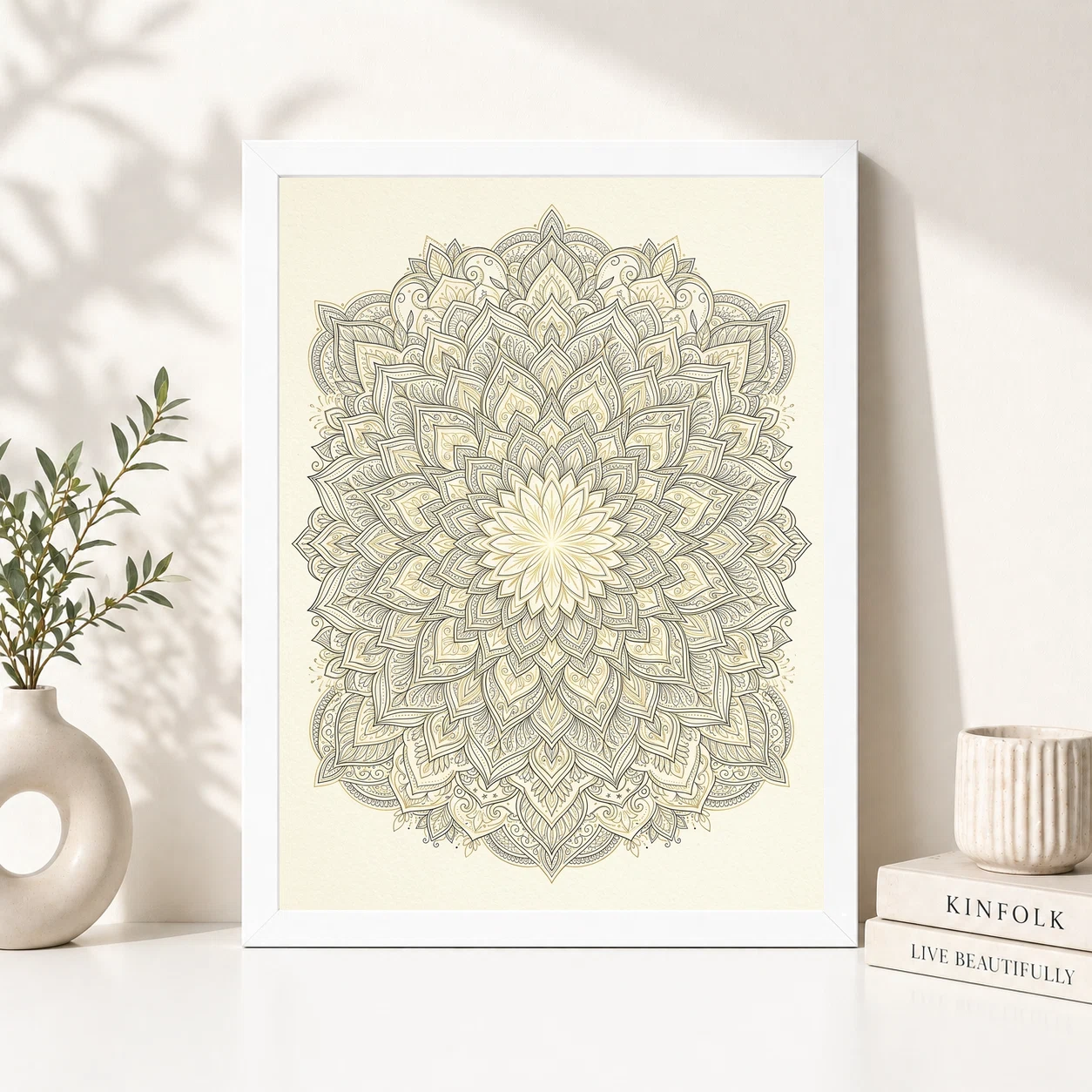 Line Art Geometric Floral Mandala Intricate Black Gold Cream Art Photo Frame, view 5