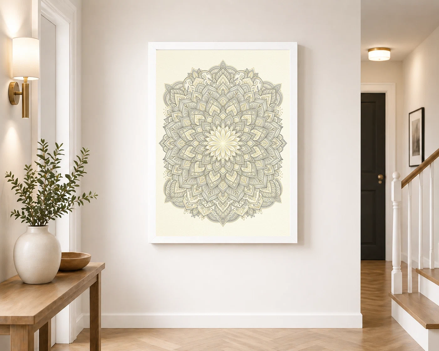 Line Art Geometric Floral Mandala Intricate Black Gold Cream Art Photo Frame, view 7