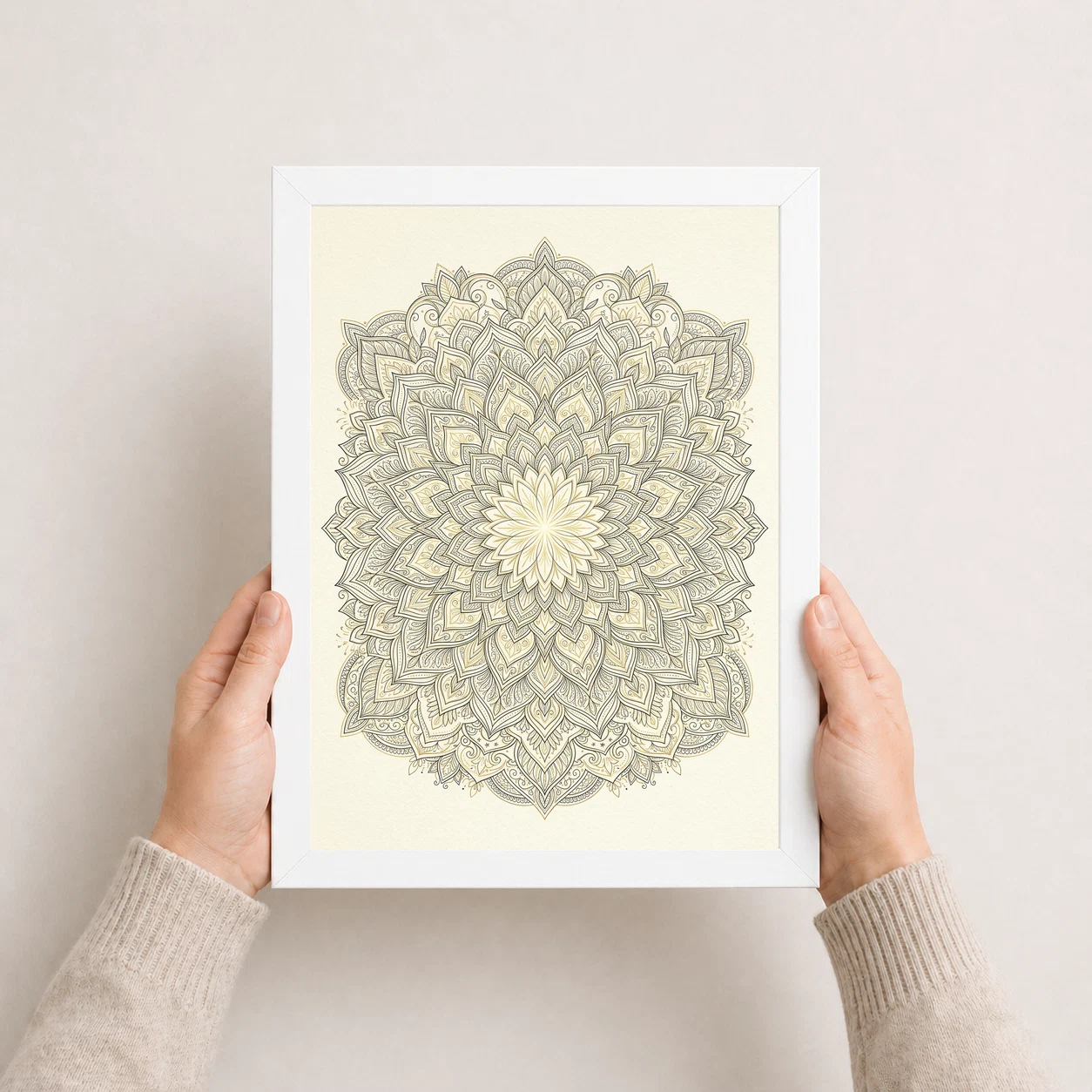 Line Art Geometric Floral Mandala Intricate Black Gold Cream Art Photo Frame, view 8