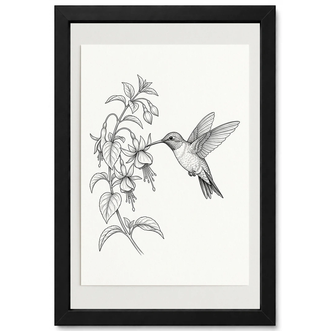 Line Art Hummingbird Flower Delicate Black White Art Photo Frame