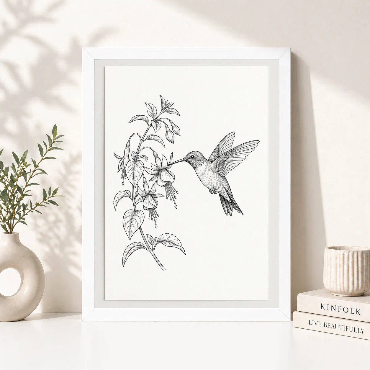 Line Art Hummingbird Flower Delicate Black White Art Photo Frame, view 2