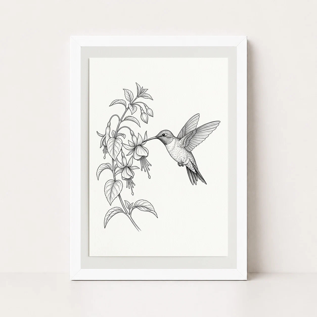 Line Art Hummingbird Flower Delicate Black White Art Photo Frame, view 3