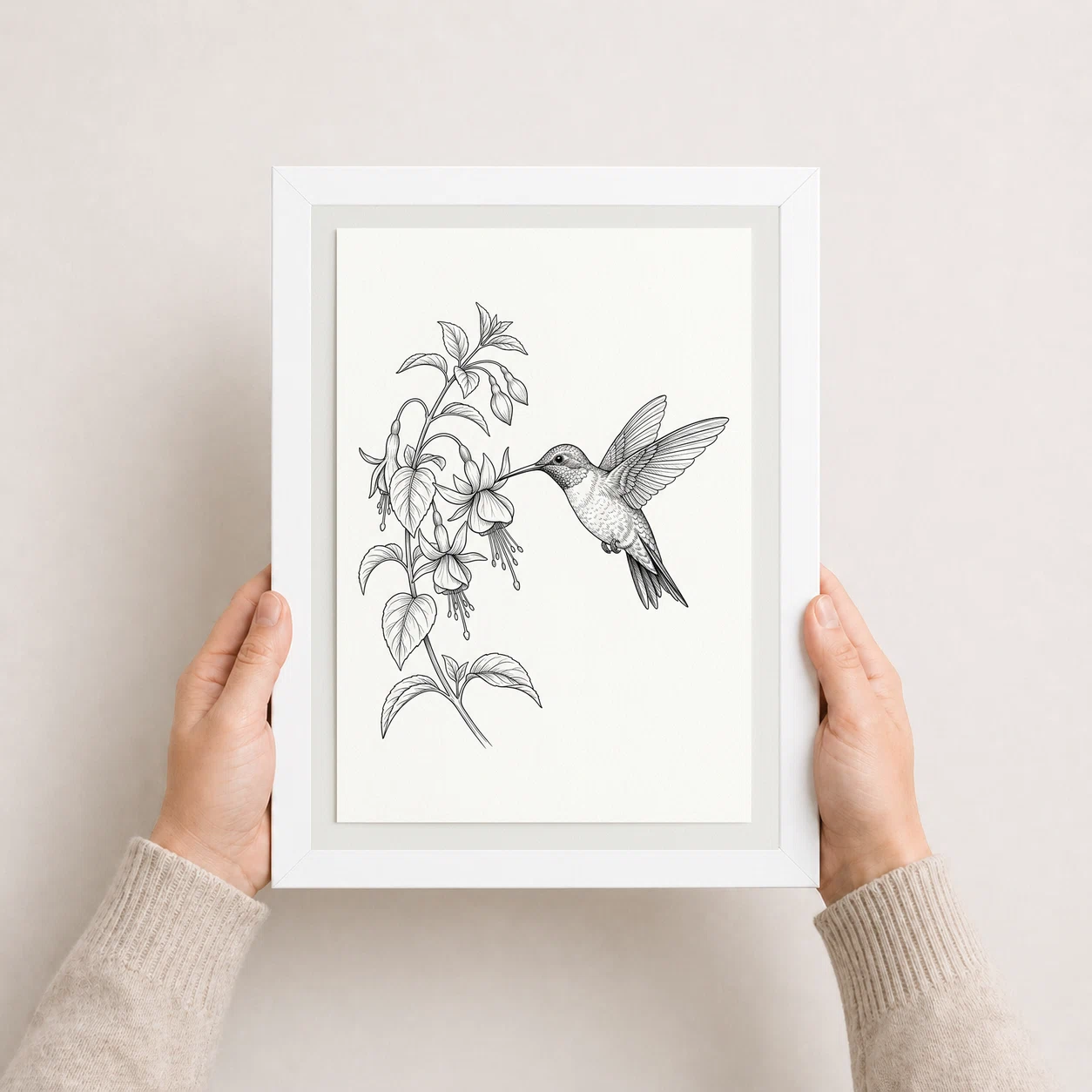 Line Art Hummingbird Flower Delicate Black White Art Photo Frame, view 5
