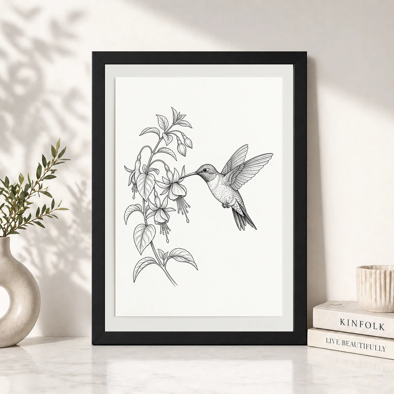 Line Art Hummingbird Flower Delicate Black White Art Photo Frame, view 6