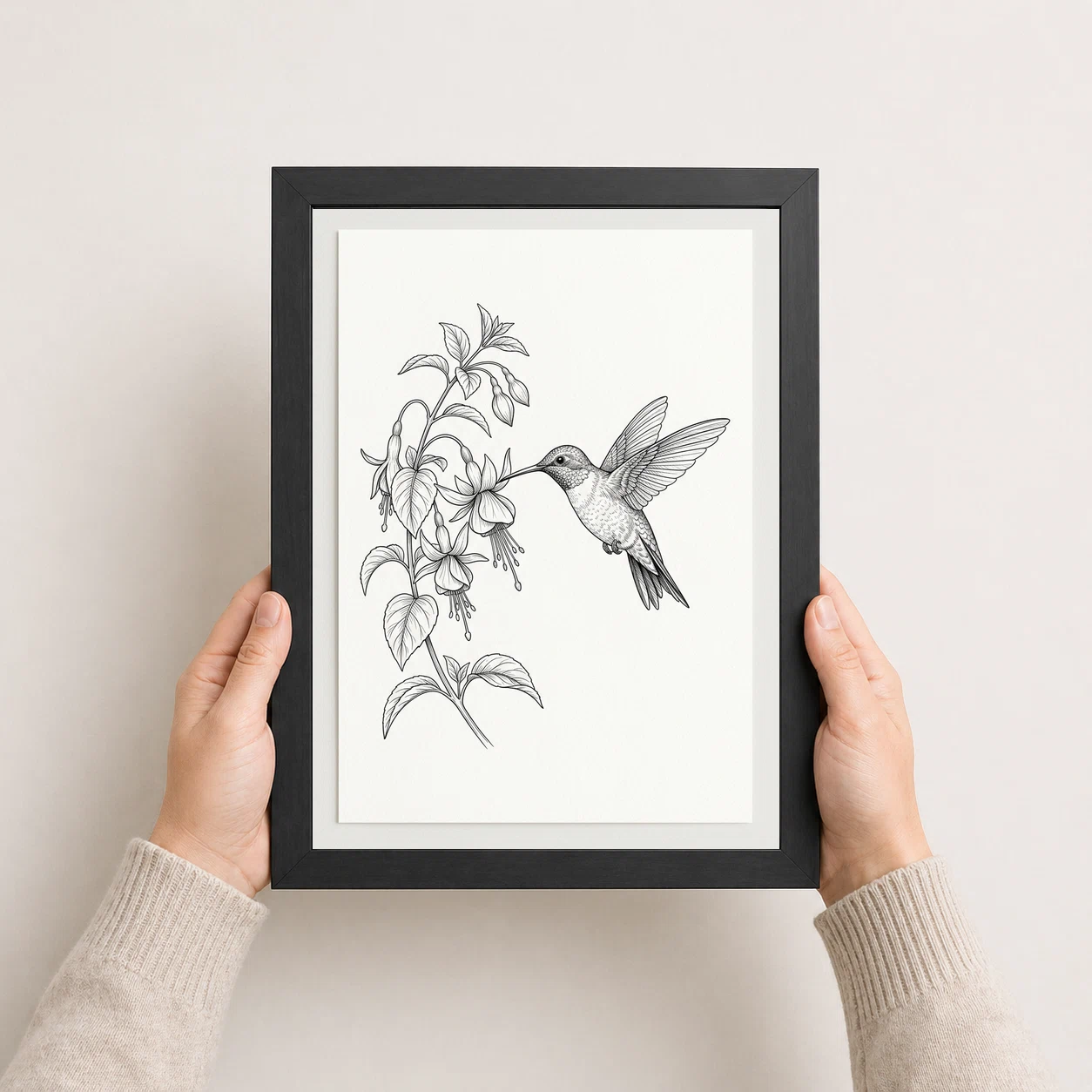 Line Art Hummingbird Flower Delicate Black White Art Photo Frame, view 8