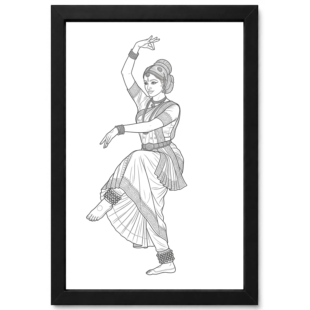 Line Art Indian Woman Ghungroo Dance Pose Fine Lines Art Photo Frame