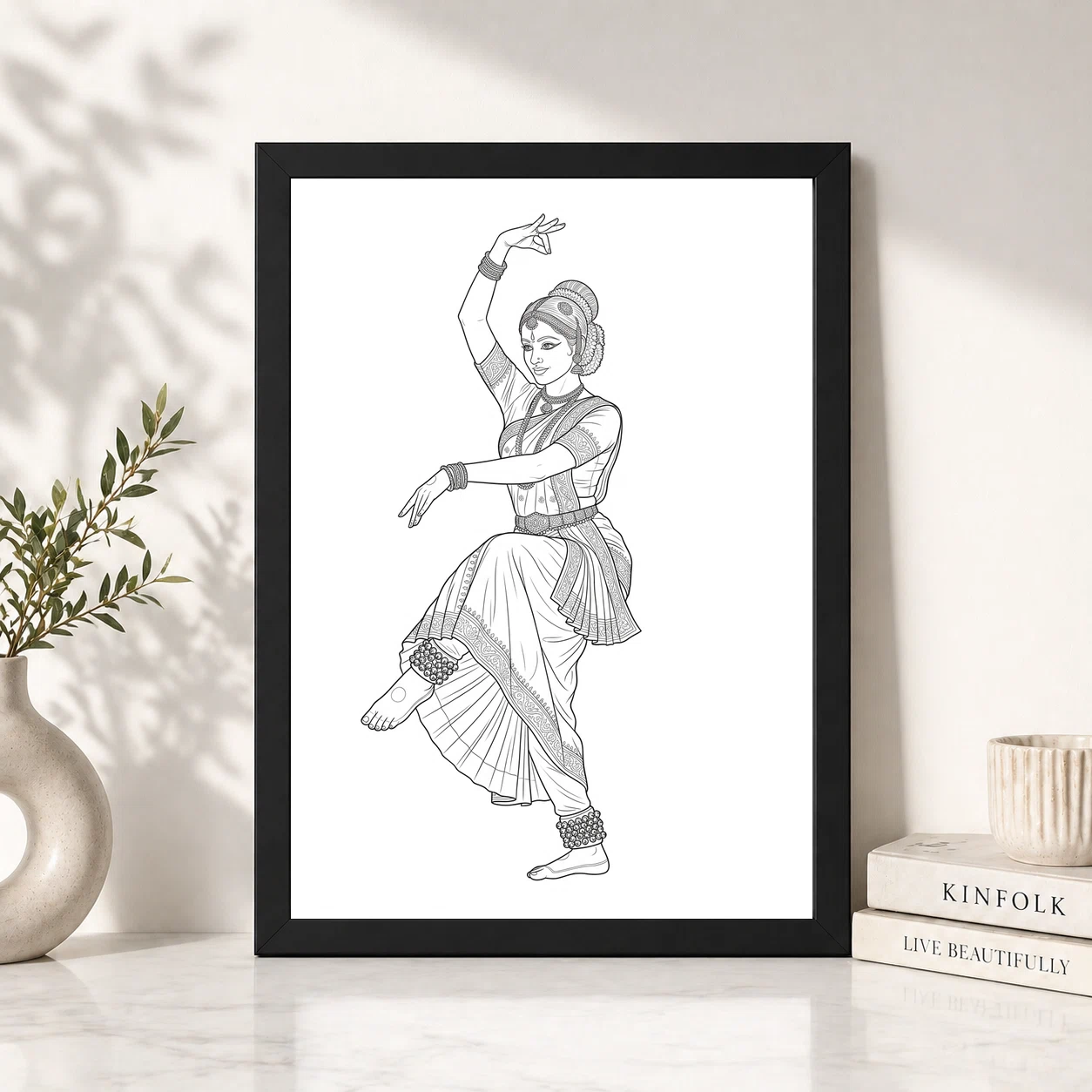 Line Art Indian Woman Ghungroo Dance Pose Fine Lines Art Photo Frame, view 2