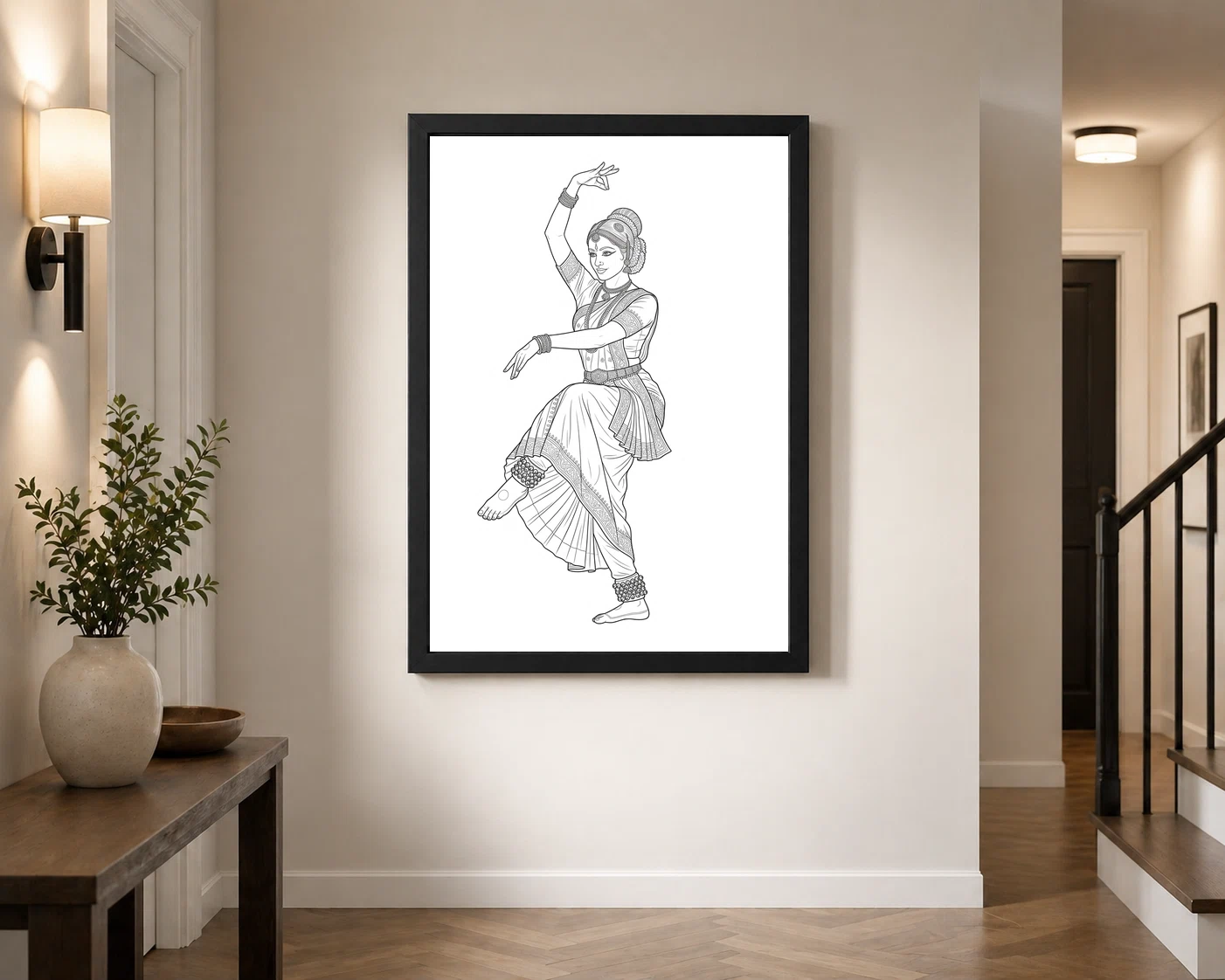 Line Art Indian Woman Ghungroo Dance Pose Fine Lines Art Photo Frame, view 3