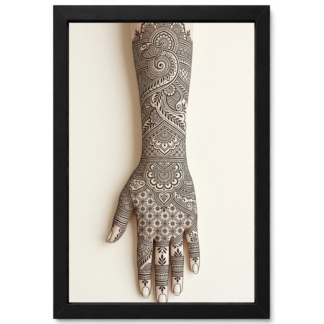 Line Art Mehndi Hand Henna Intricate Black Cream Art Photo Frame