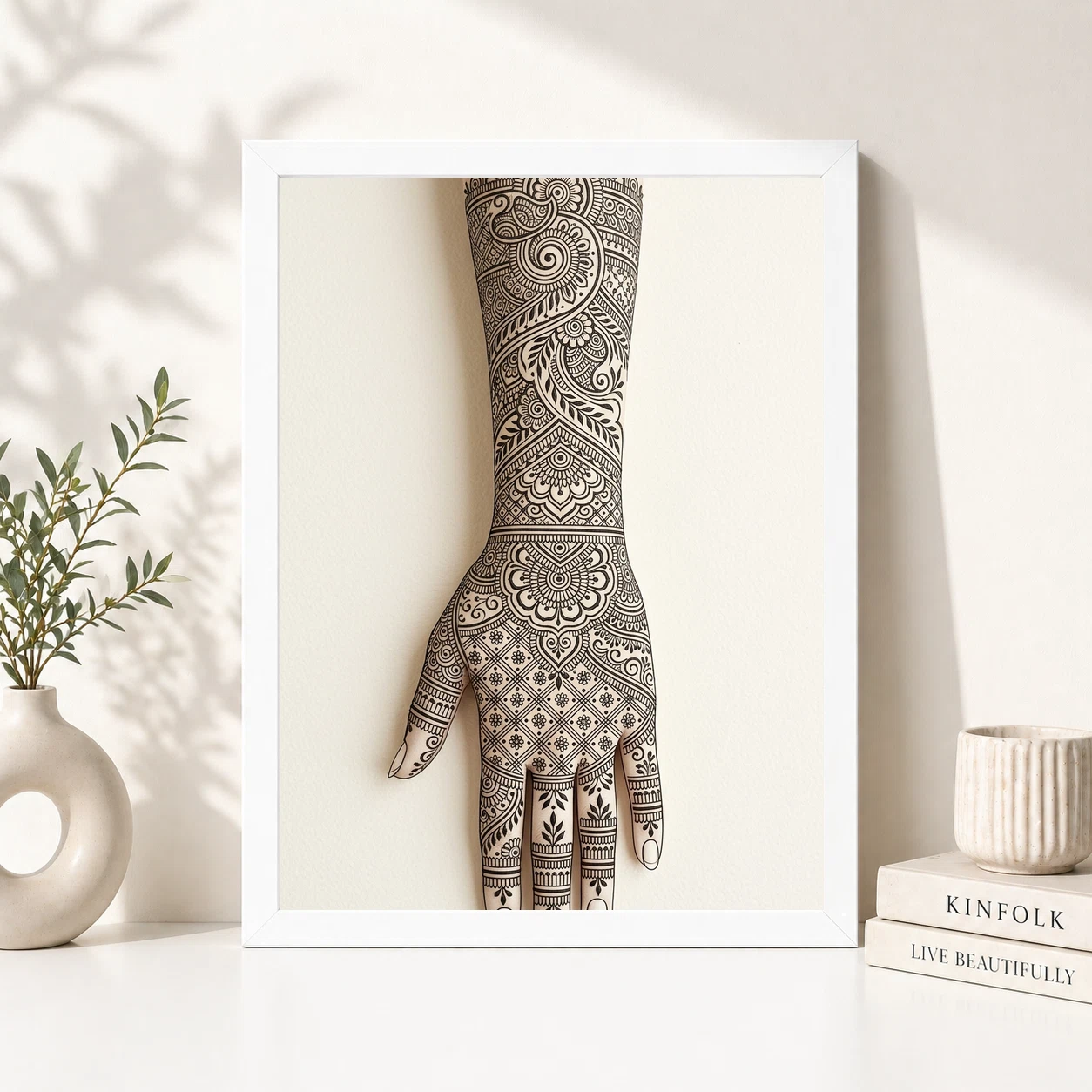Line Art Mehndi Hand Henna Intricate Black Cream Art Photo Frame, view 2