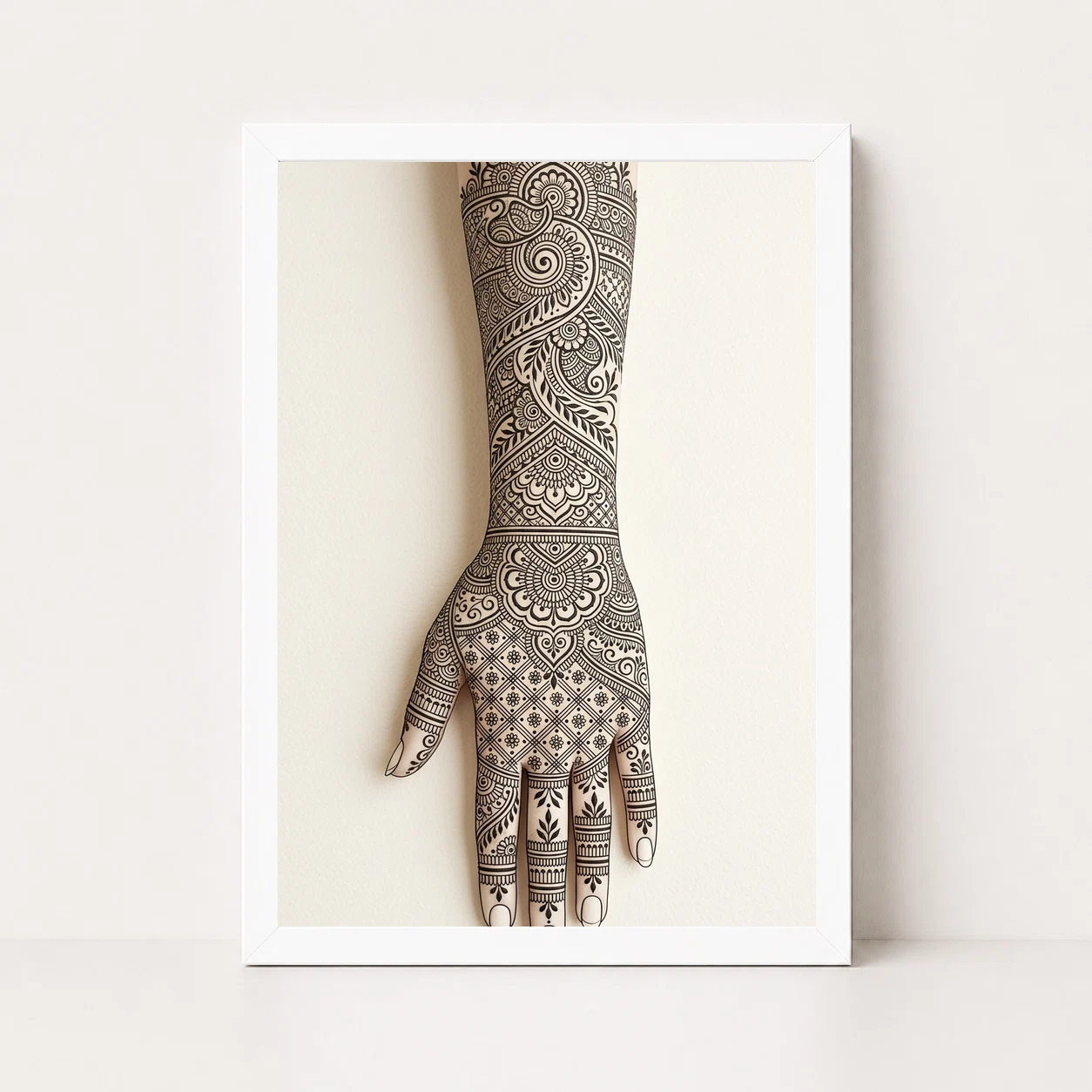Line Art Mehndi Hand Henna Intricate Black Cream Art Photo Frame, view 3
