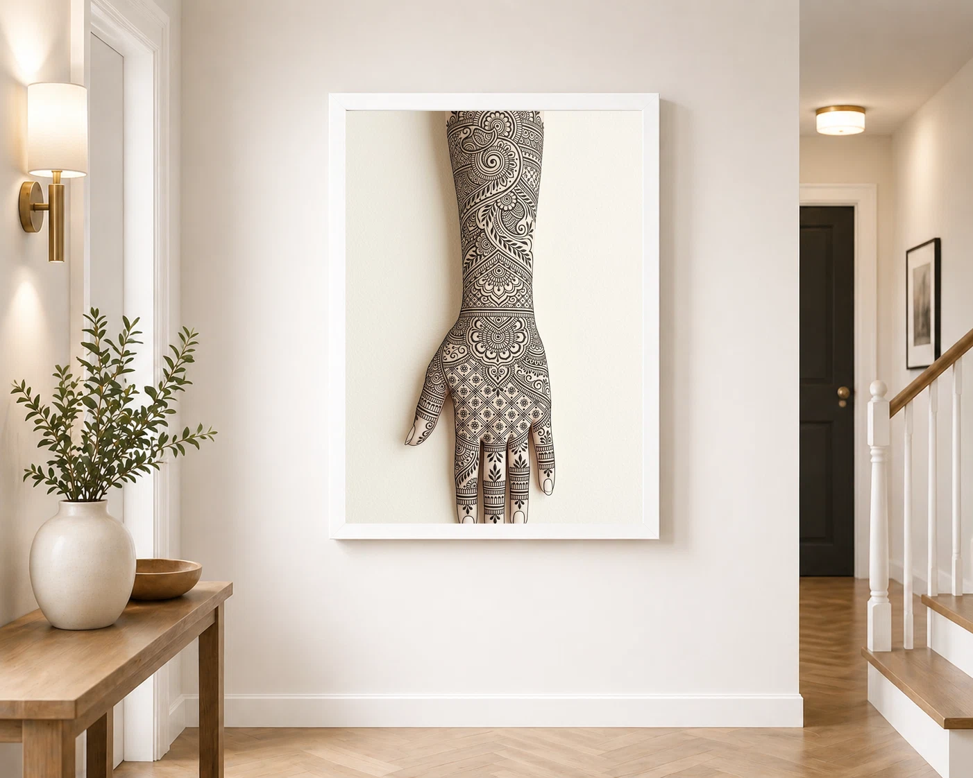 Line Art Mehndi Hand Henna Intricate Black Cream Art Photo Frame, view 4