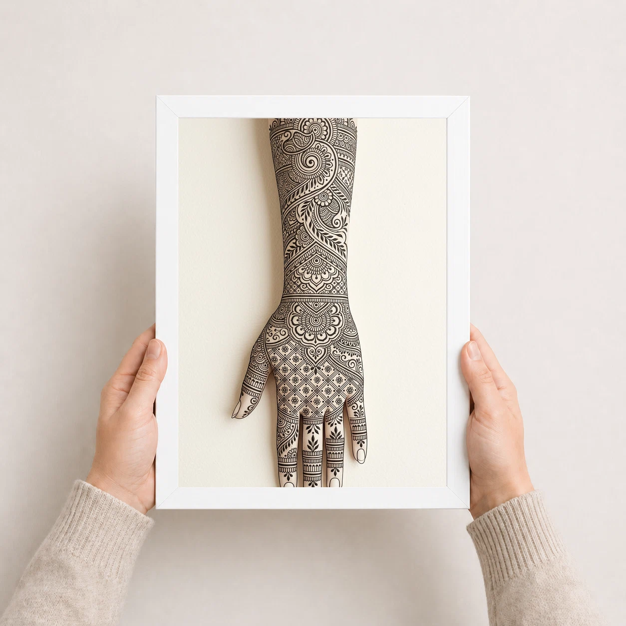Line Art Mehndi Hand Henna Intricate Black Cream Art Photo Frame, view 5