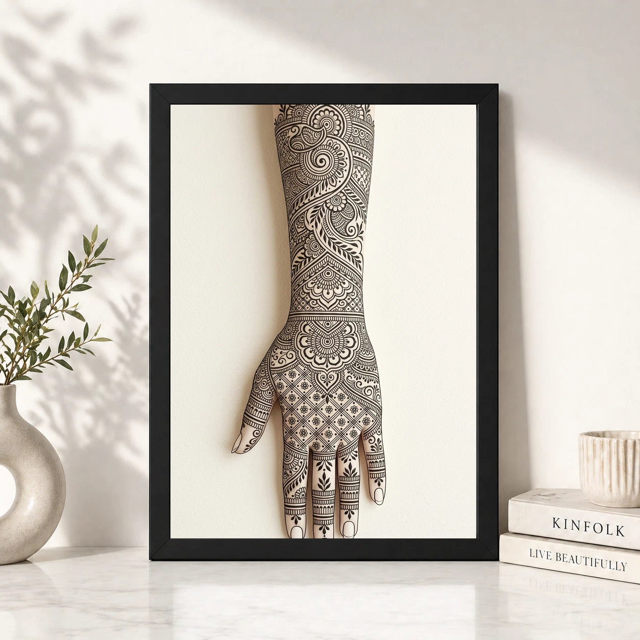 Line Art Mehndi Hand Henna Intricate Black Cream Art Photo Frame, view 6