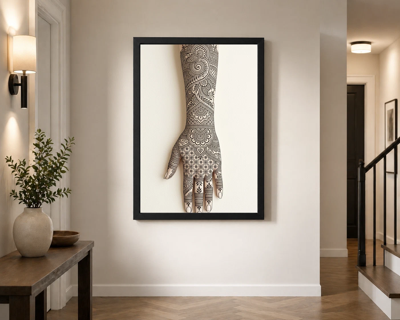 Line Art Mehndi Hand Henna Intricate Black Cream Art Photo Frame, view 7