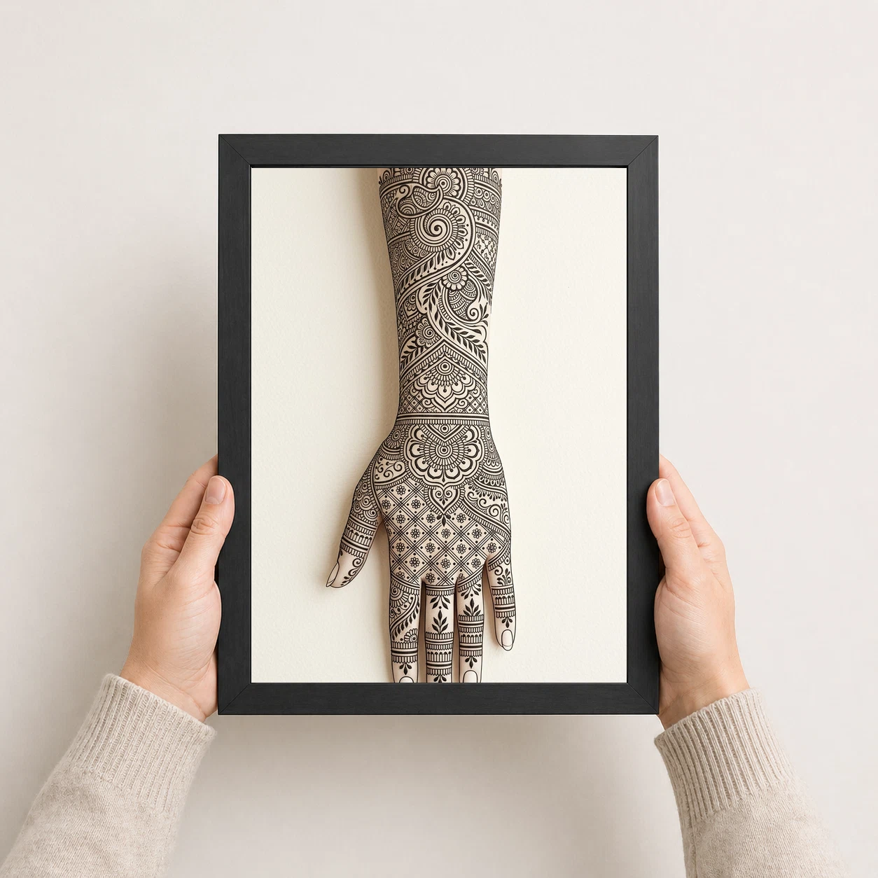 Line Art Mehndi Hand Henna Intricate Black Cream Art Photo Frame, view 8
