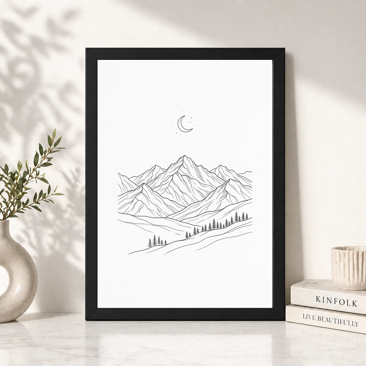 Line Art Mountains Moon Minimal Landscape Fine Line Art Photo Frame, view 2