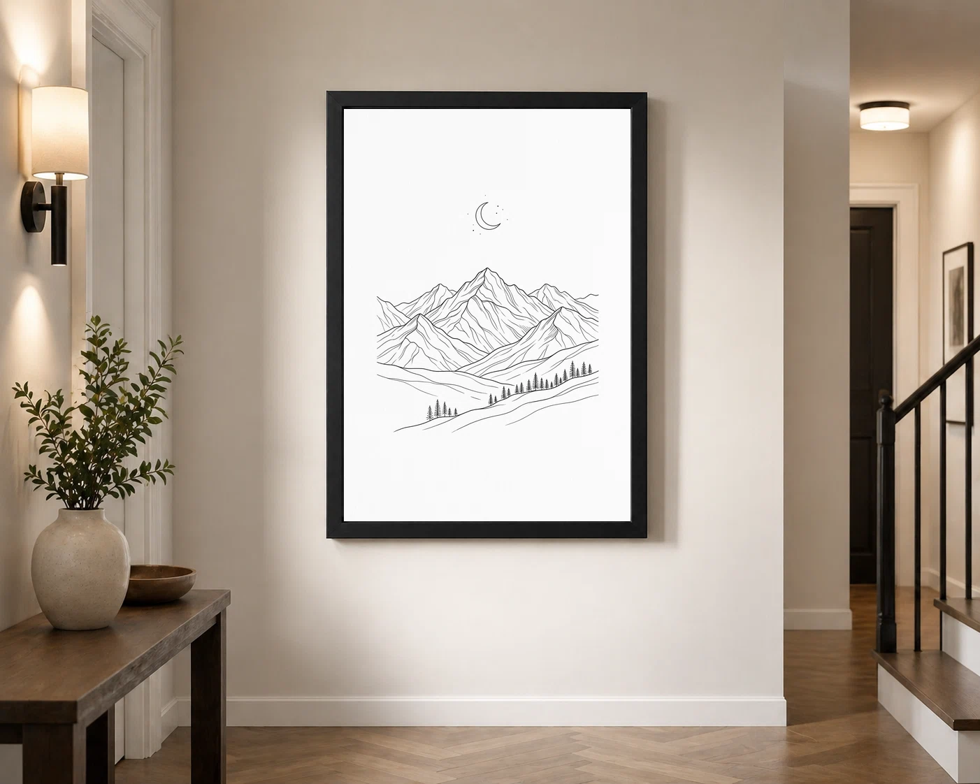 Line Art Mountains Moon Minimal Landscape Fine Line Art Photo Frame, view 3
