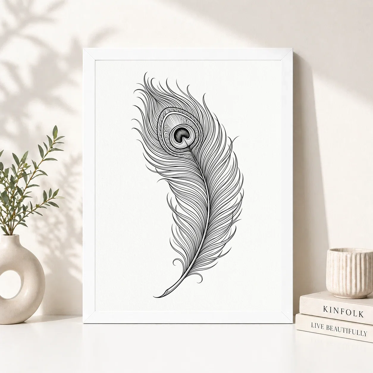 Line Art Peacock Feather Flowing Elegant Contemporary Art Photo Frame, view 2