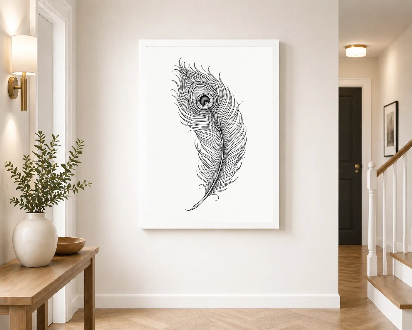 Line Art Peacock Feather Flowing Elegant Contemporary Art Photo Frame, view 4