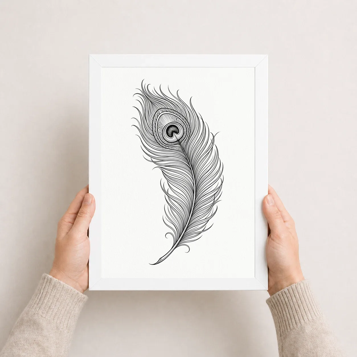 Line Art Peacock Feather Flowing Elegant Contemporary Art Photo Frame, view 5