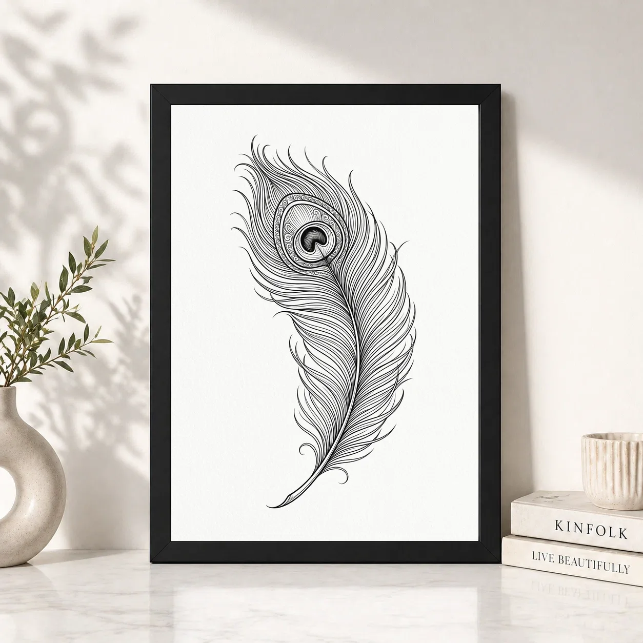 Line Art Peacock Feather Flowing Elegant Contemporary Art Photo Frame, view 6