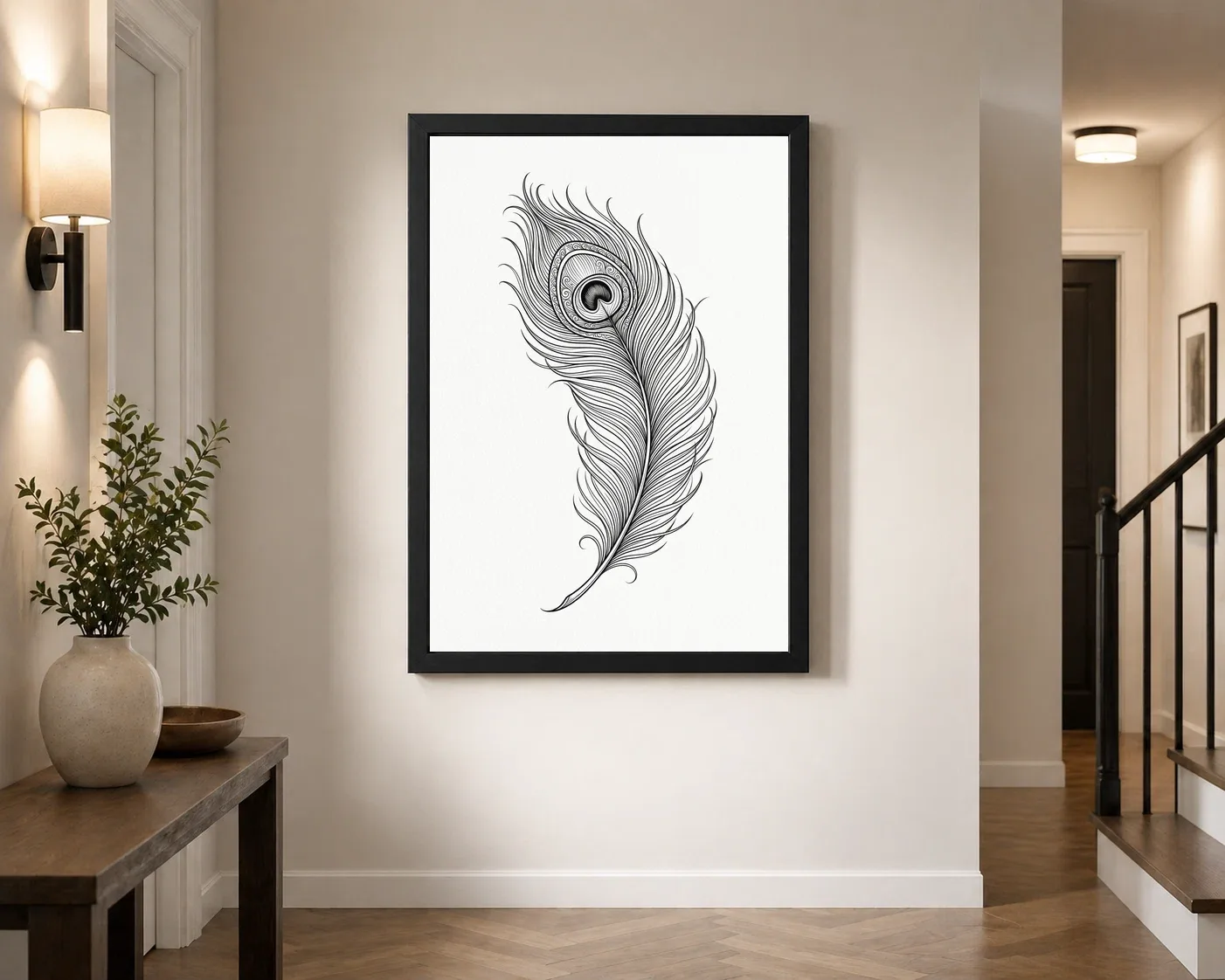 Line Art Peacock Feather Flowing Elegant Contemporary Art Photo Frame, view 7