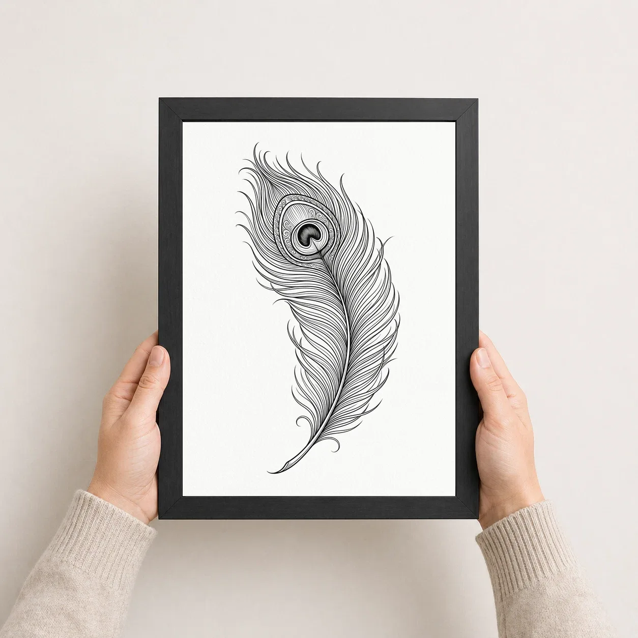 Line Art Peacock Feather Flowing Elegant Contemporary Art Photo Frame, view 8
