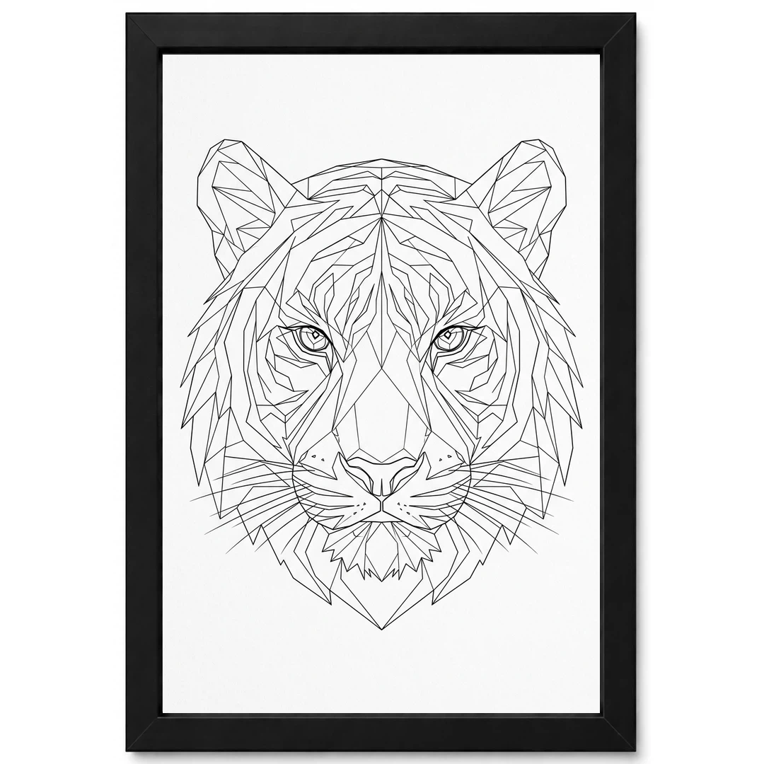Line Art Tiger Face Geometric Fine Lines Premium Wall Art Photo Frame