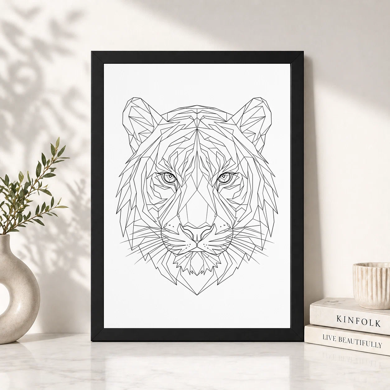 Line Art Tiger Face Geometric Fine Lines Premium Wall Art Photo Frame, view 2