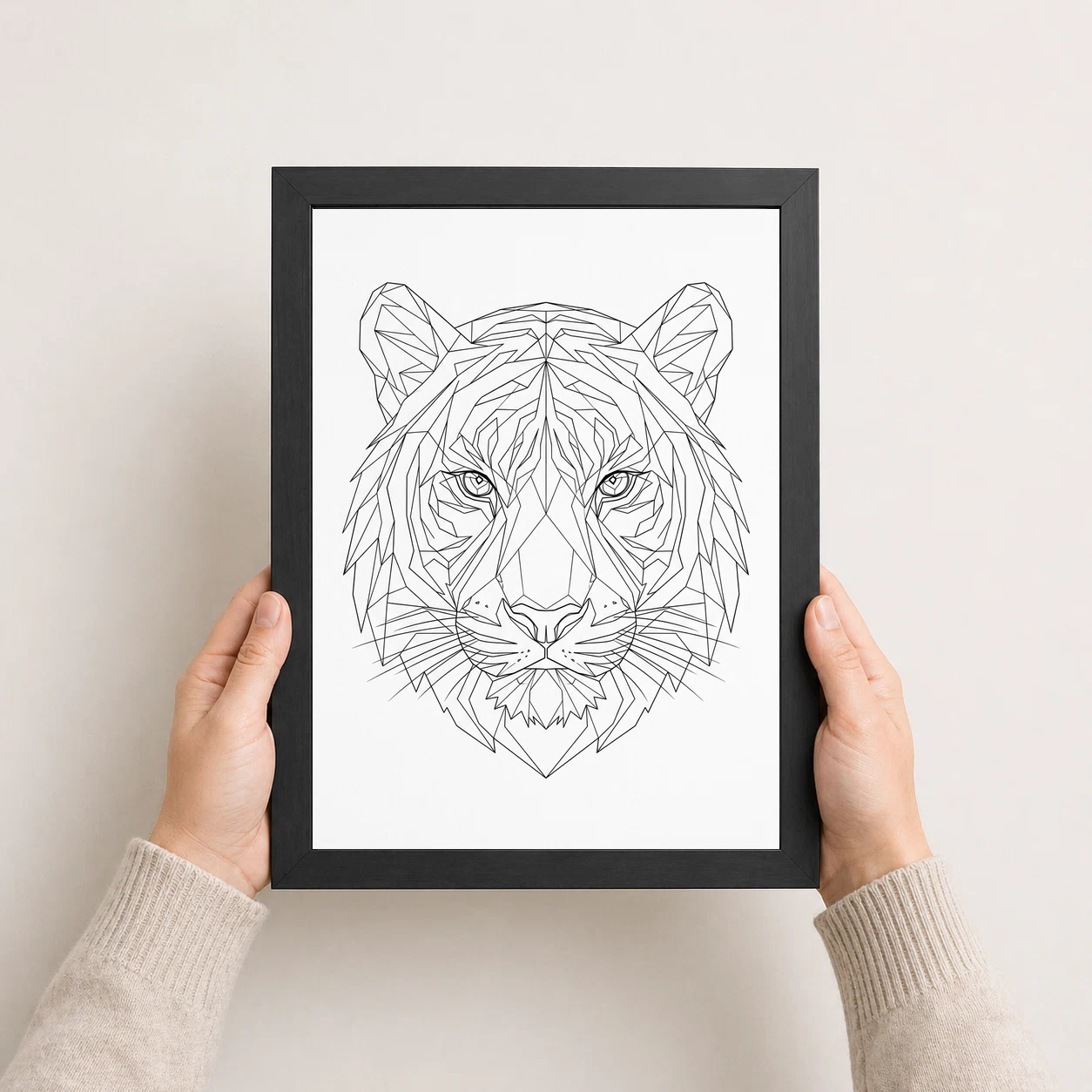 Line Art Tiger Face Geometric Fine Lines Premium Wall Art Photo Frame, view 4