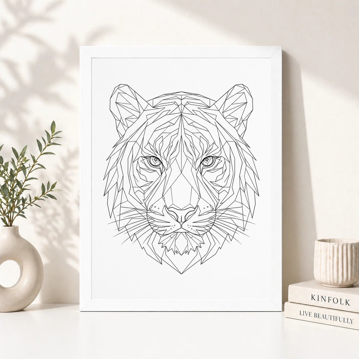 Line Art Tiger Face Geometric Fine Lines Premium Wall Art Photo Frame, view 5