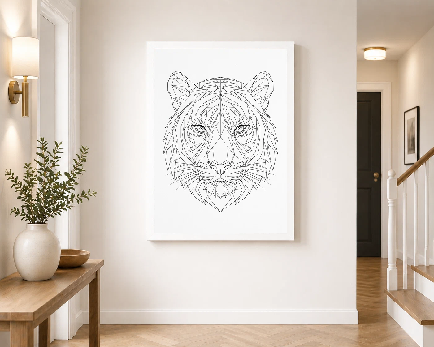 Line Art Tiger Face Geometric Fine Lines Premium Wall Art Photo Frame, view 7