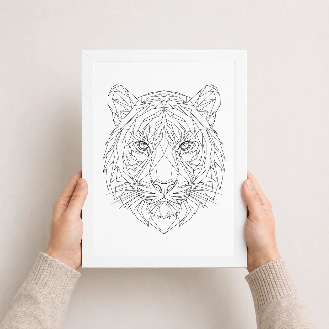 Line Art Tiger Face Geometric Fine Lines Premium Wall Art Photo Frame, view 8