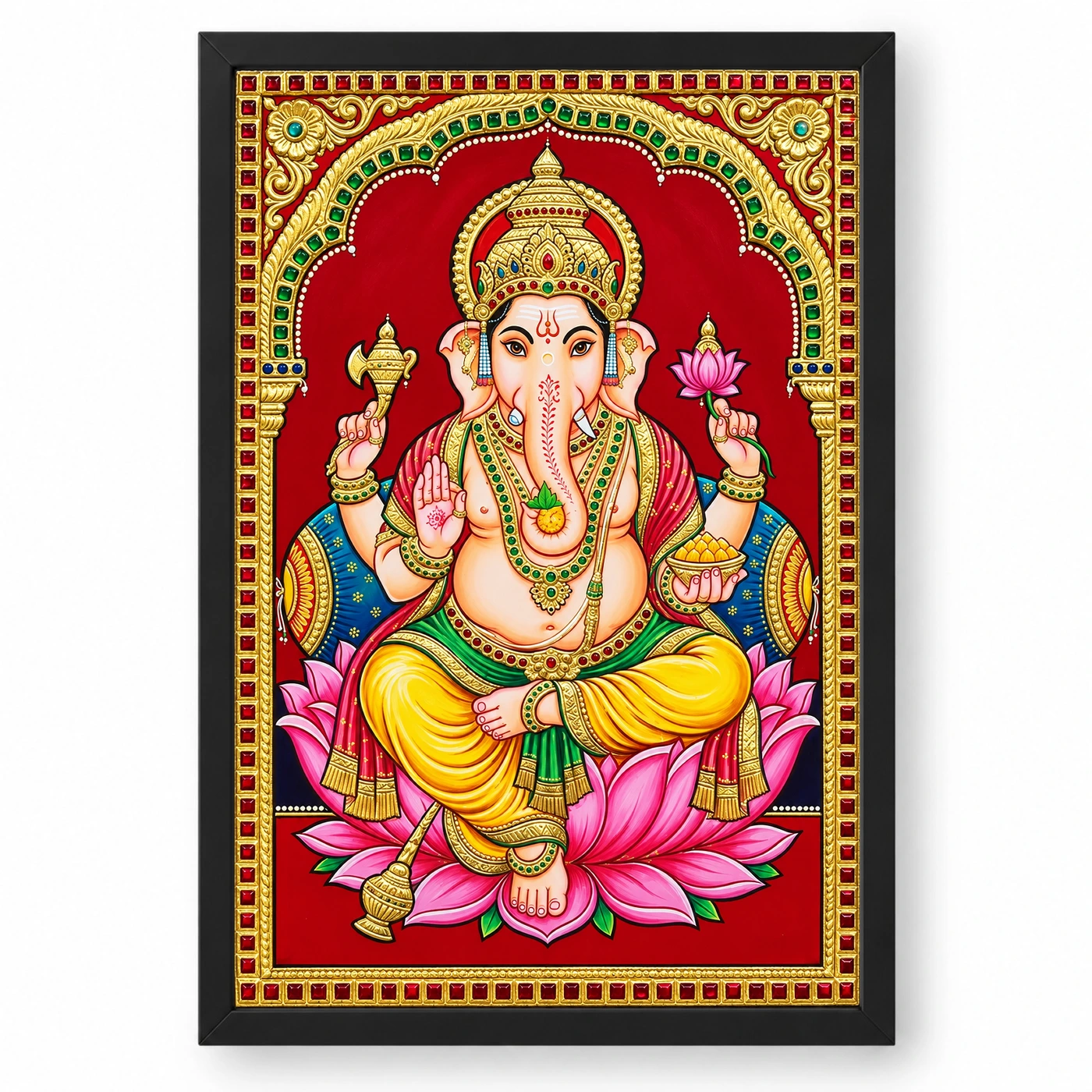 Lord Ganesha Tanjore Painting Gold Lotus Throne Wall Art Photo Frame