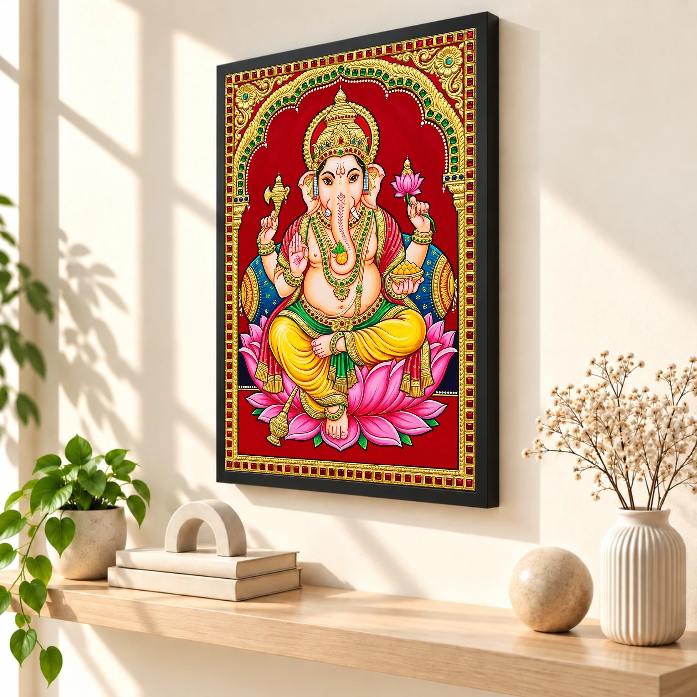 Lord Ganesha Tanjore Painting Gold Lotus Throne Wall Art Photo Frame, view 2