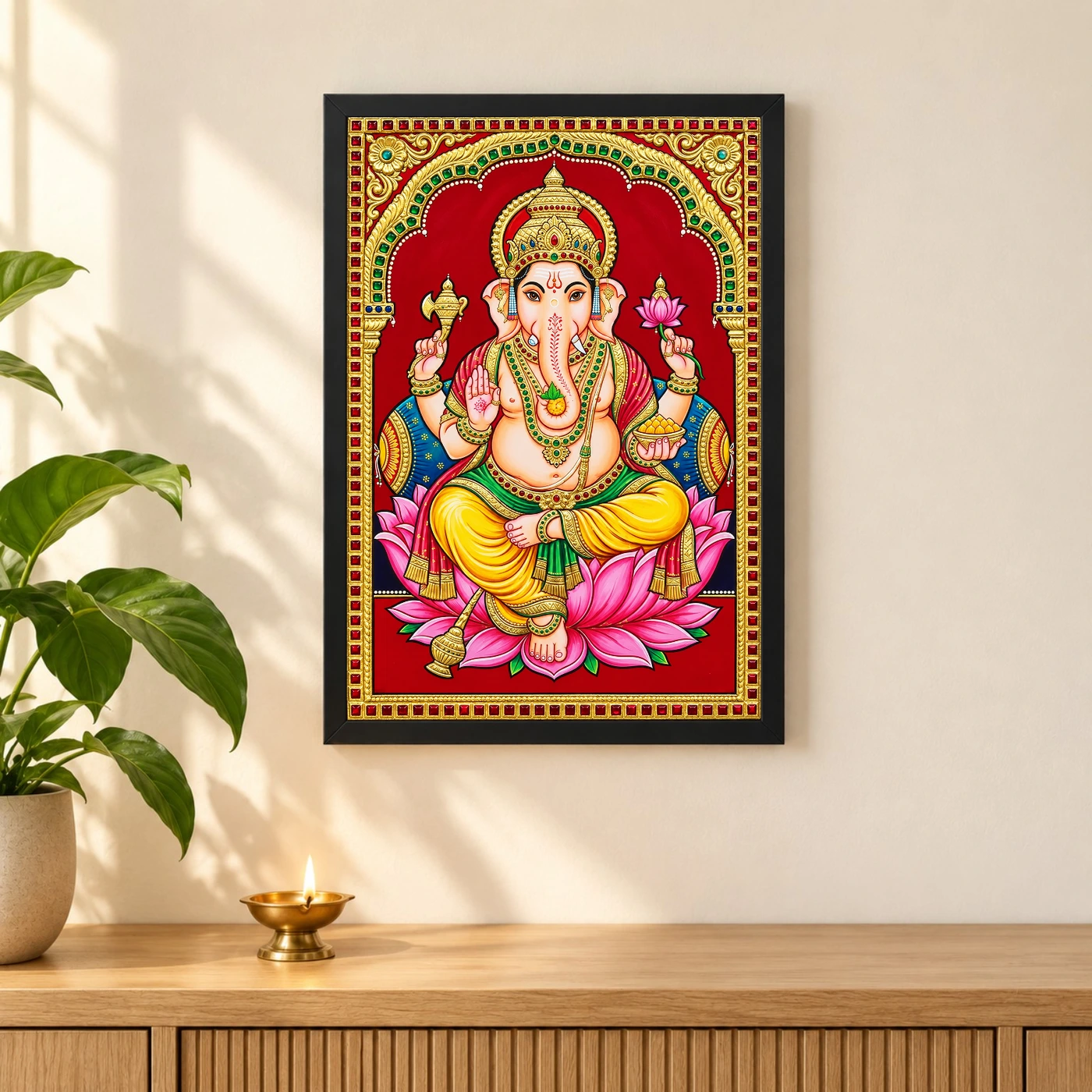 Lord Ganesha Tanjore Painting Gold Lotus Throne Wall Art Photo Frame, view 3