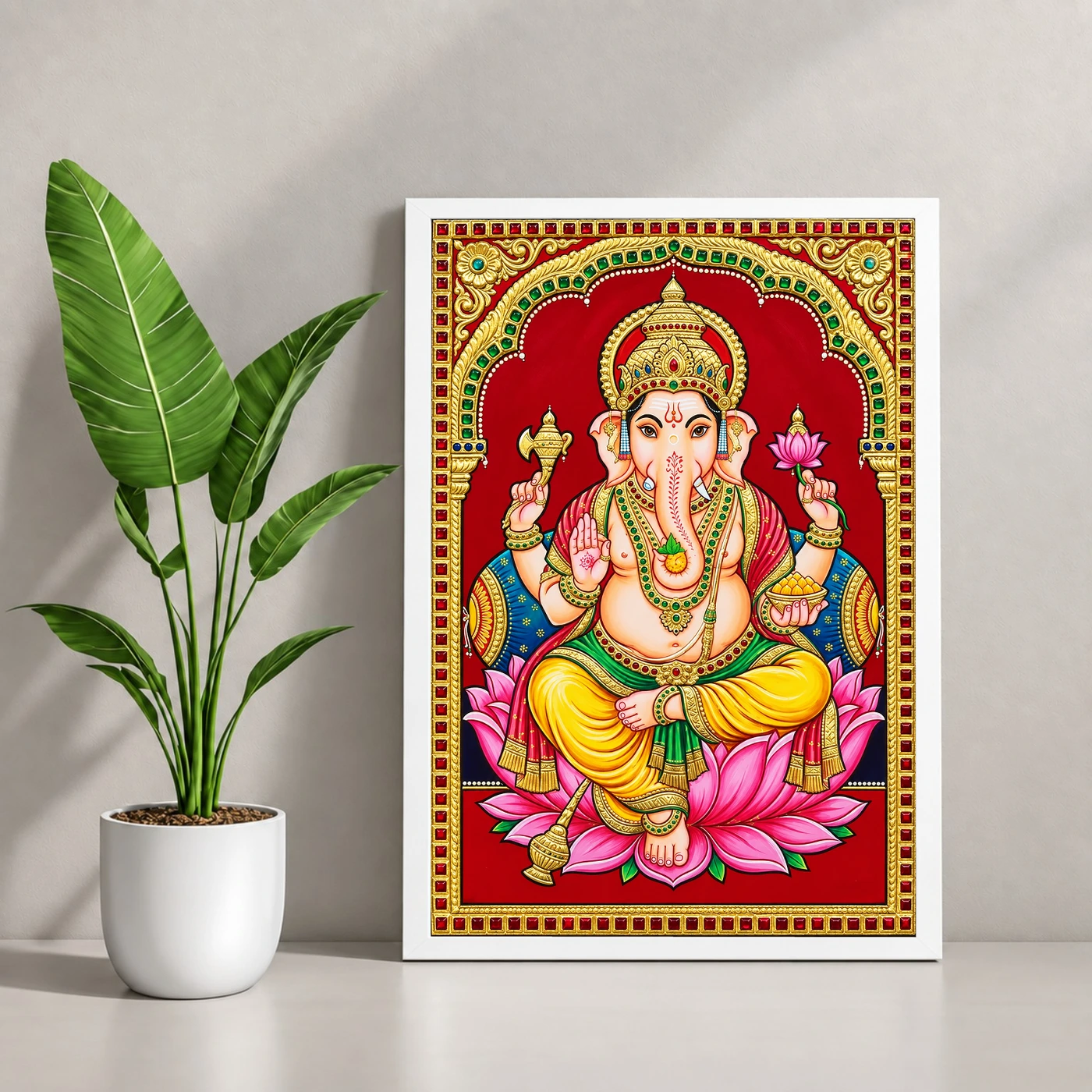 Lord Ganesha Tanjore Painting Gold Lotus Throne Wall Art Photo Frame, view 4