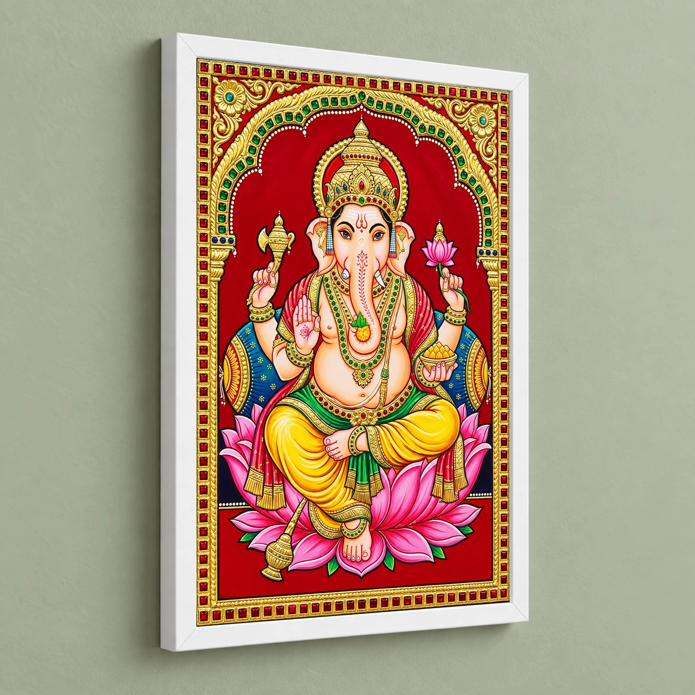 Lord Ganesha Tanjore Painting Gold Lotus Throne Wall Art Photo Frame, view 5