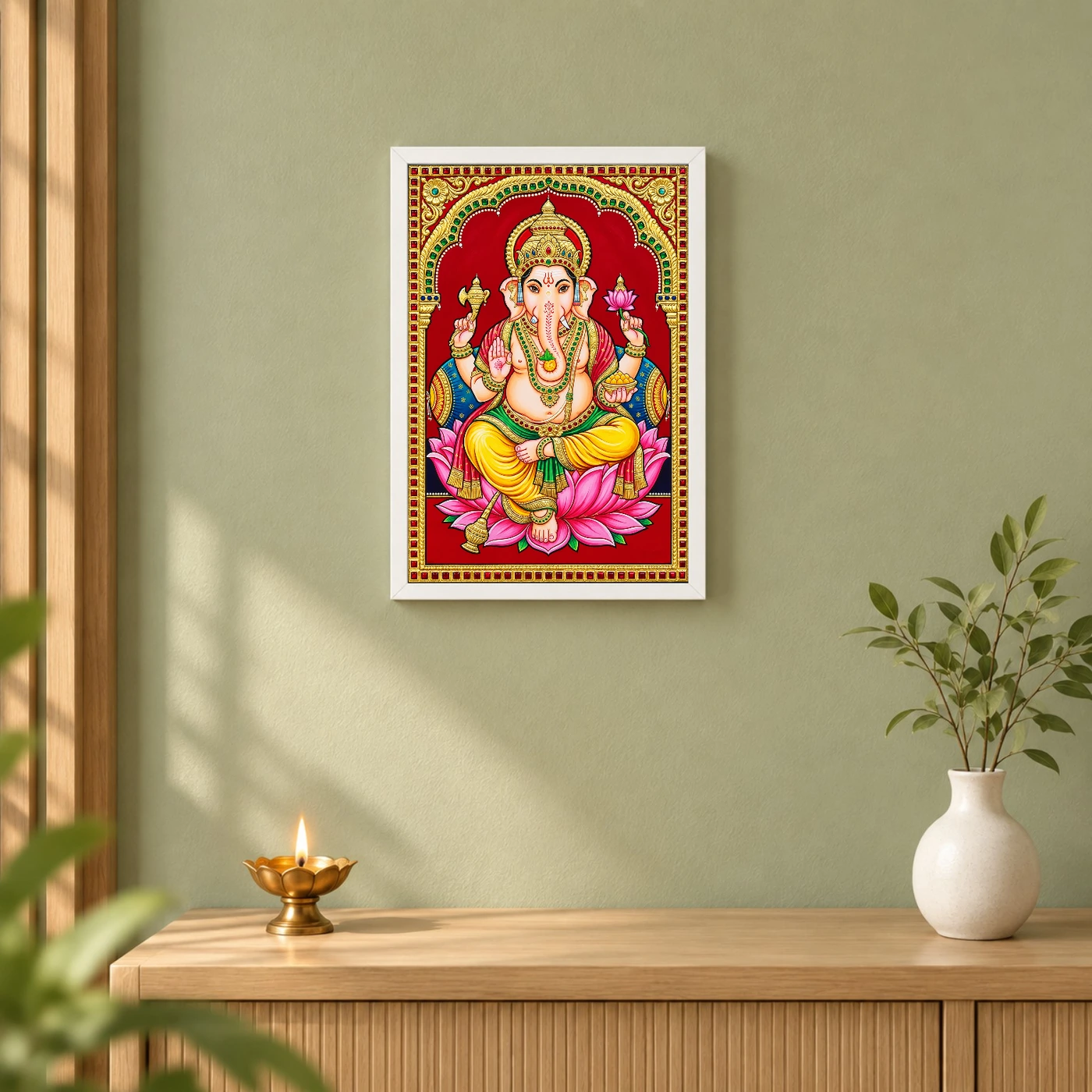 Lord Ganesha Tanjore Painting Gold Lotus Throne Wall Art Photo Frame, view 6