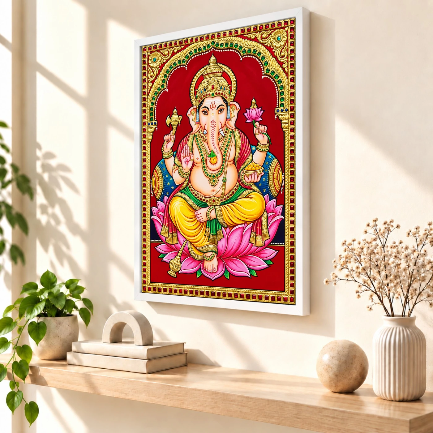 Lord Ganesha Tanjore Painting Gold Lotus Throne Wall Art Photo Frame, view 7