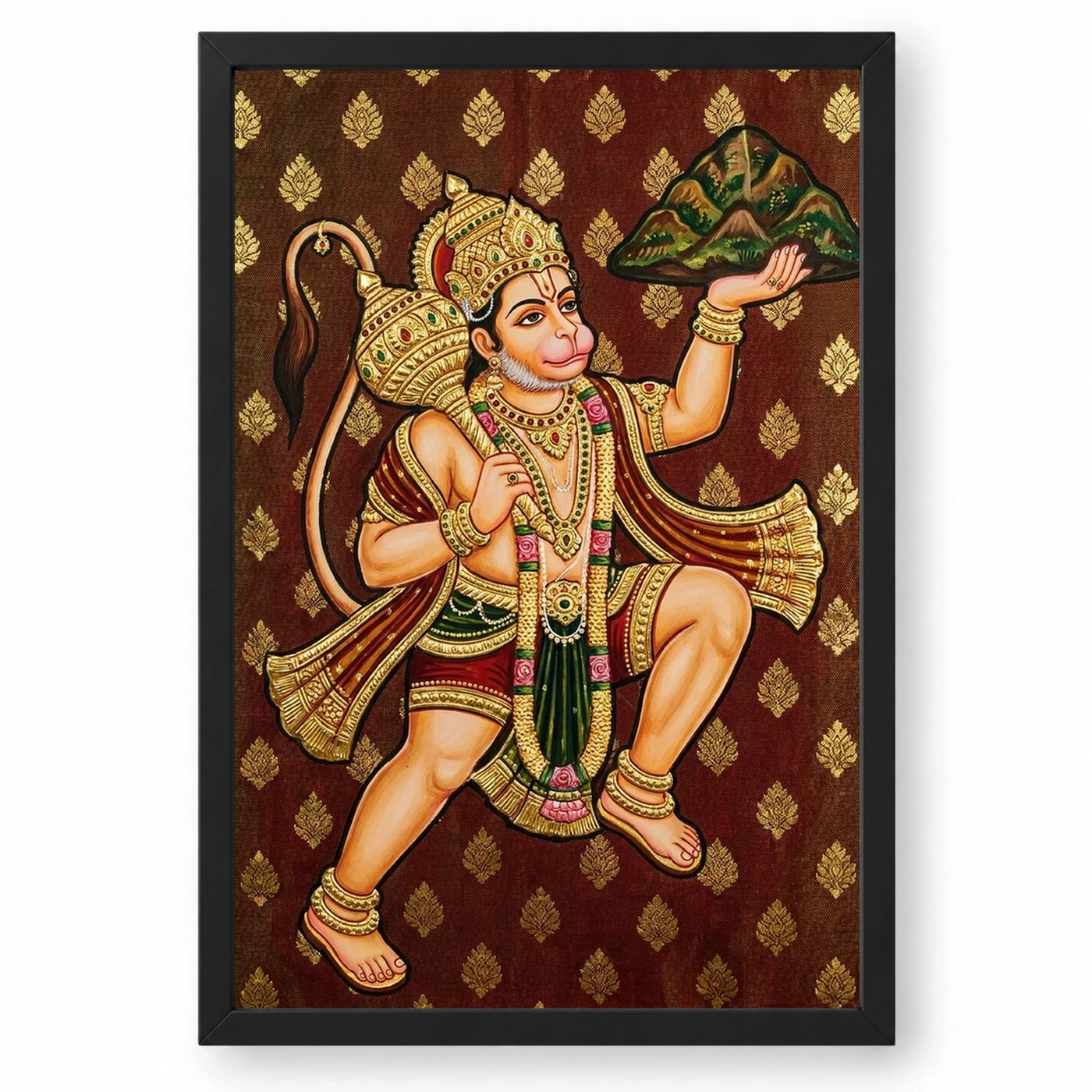 Lord Hanuman Tanjore Painting Sanjeevani Gold South Indian Art Photo Frame