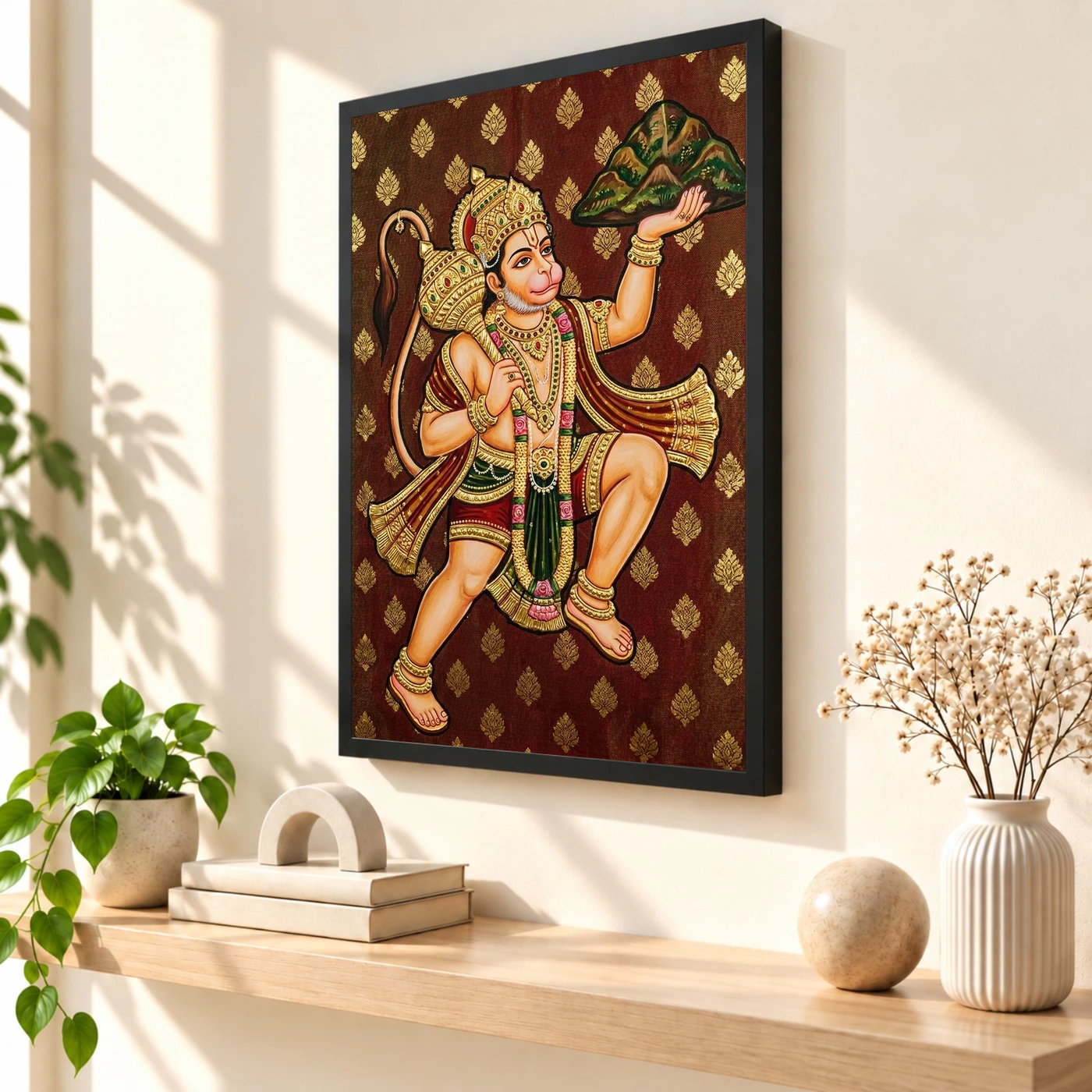 Lord Hanuman Tanjore Painting Sanjeevani Gold South Indian Art Photo Frame, view 2