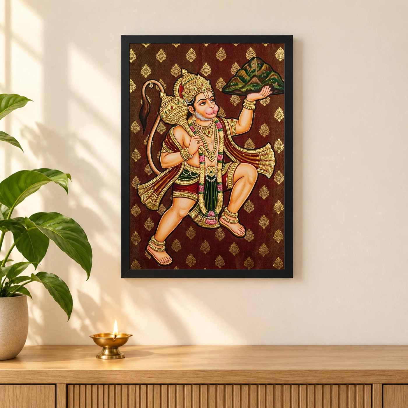 Lord Hanuman Tanjore Painting Sanjeevani Gold South Indian Art Photo Frame, view 3
