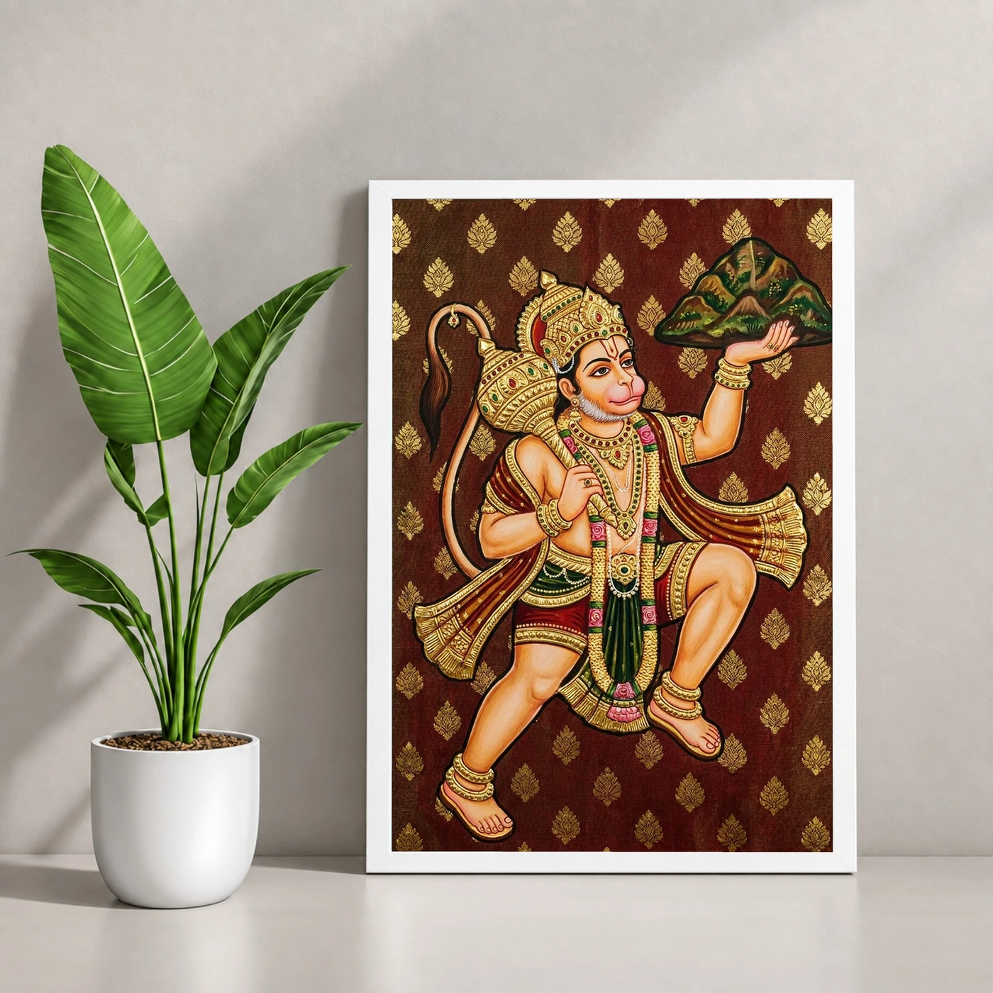 Lord Hanuman Tanjore Painting Sanjeevani Gold South Indian Art Photo Frame, view 4