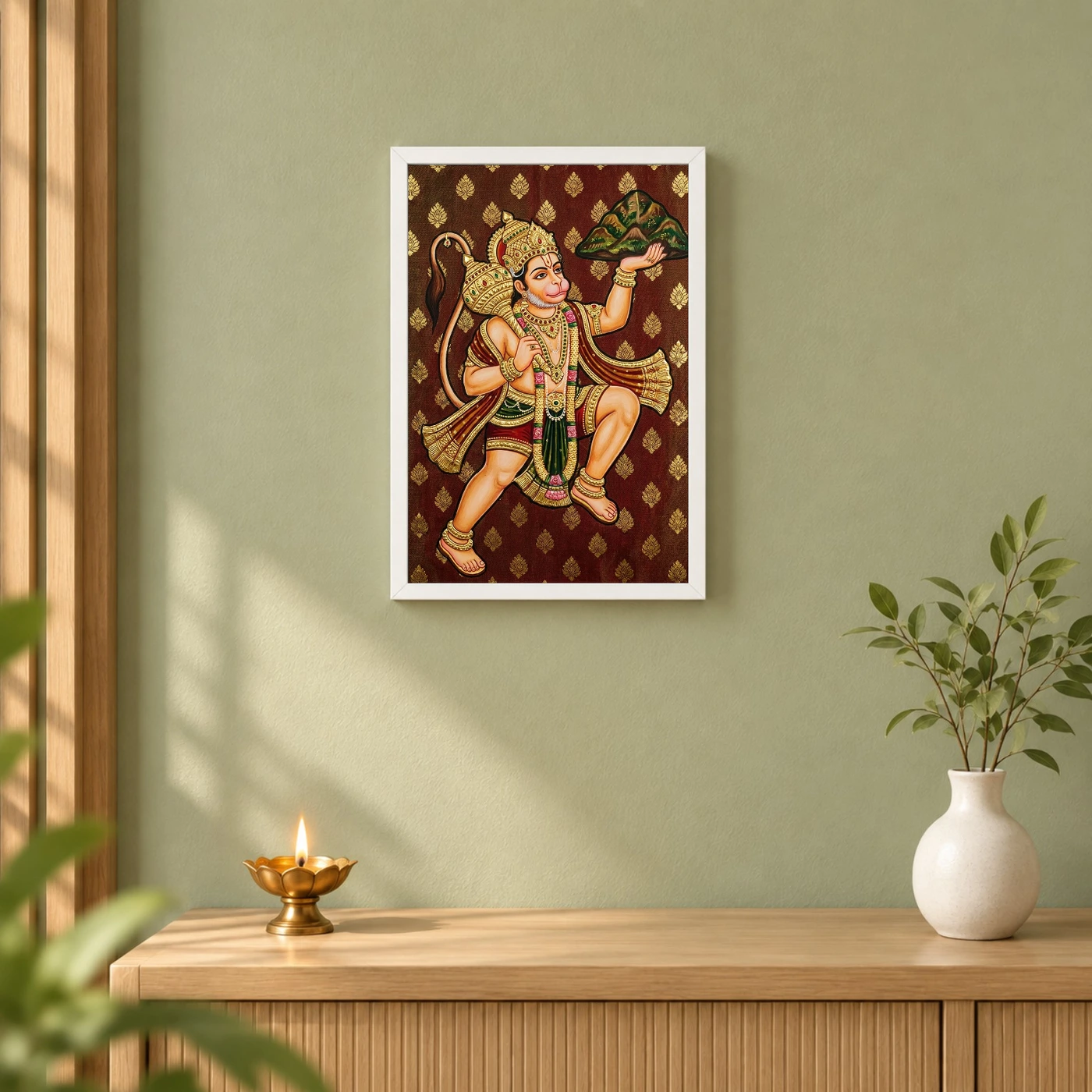 Lord Hanuman Tanjore Painting Sanjeevani Gold South Indian Art Photo Frame, view 6