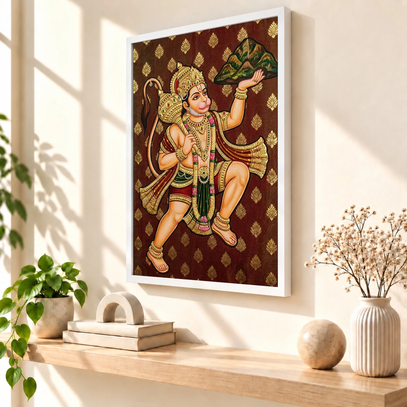 Lord Hanuman Tanjore Painting Sanjeevani Gold South Indian Art Photo Frame, view 7