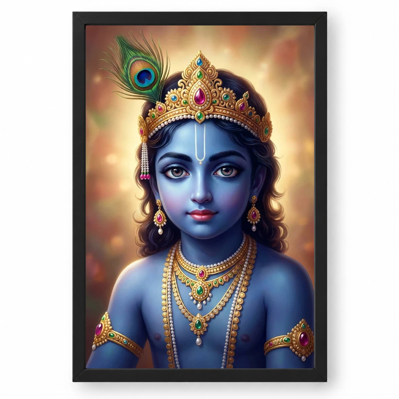 Lord Krishna Devotional Portrait Peacock Feather Crown Art Photo Frame